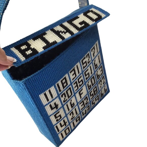 Vintage Needlepoint Bingo Game Bag Purse Tote Grannycore Double Side Grandma - Picture 3 of 14